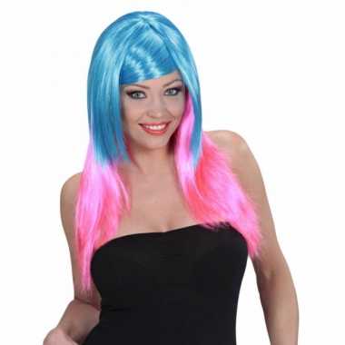 Blauw roze pruik dames carnaval