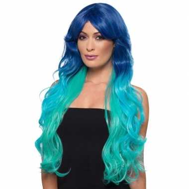 Blauw/turquoise krullen pruik dames carnaval