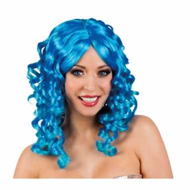 Blauwe glamour damespruik golvend haar carnaval