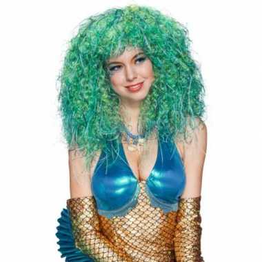 Carnaval pruik krullen groen/blauw
