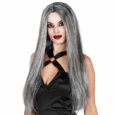Gothic pruik lang grijs haar carnaval