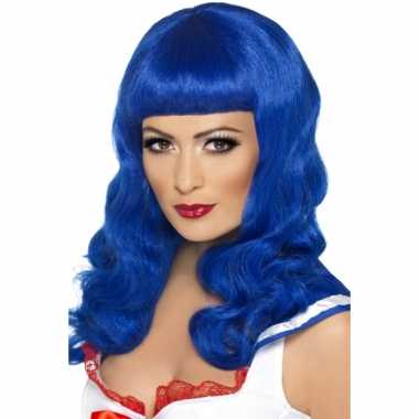 Lang haar pruik blauw rechte pony carnaval