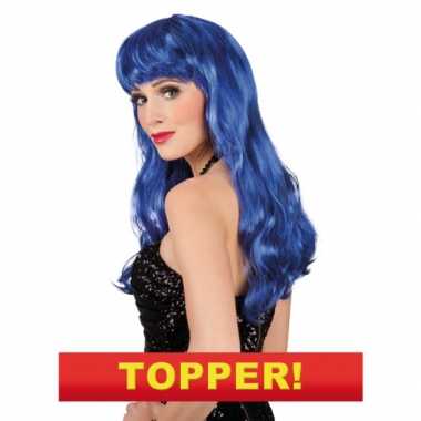 Lange blauwe dames pruik carnaval
