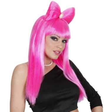 Lange roze damespruik strik carnaval