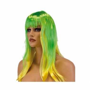 Multikleur pruik groen geel carnaval