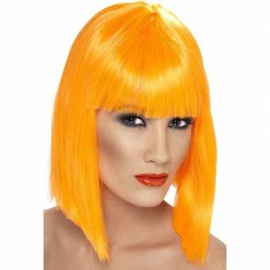Neon oranje korte pruik pony dames carnaval
