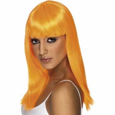 Oranje vrouwen pruik lang haar carnaval
