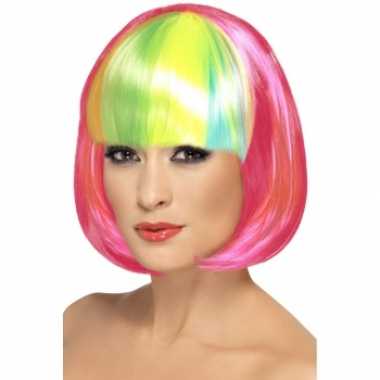 Pruik neon roze bob regenboog pony carnaval