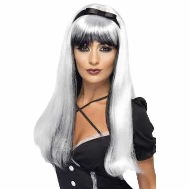 Wit/zwarte heksenpruik lint dames carnaval