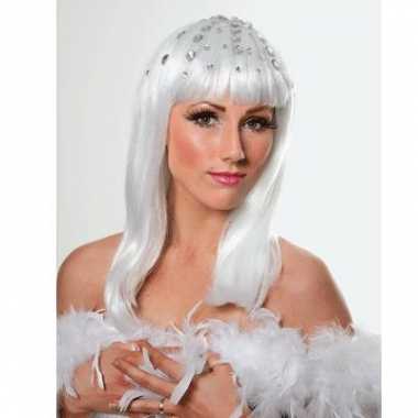 Witte disco pruik steentjes carnaval