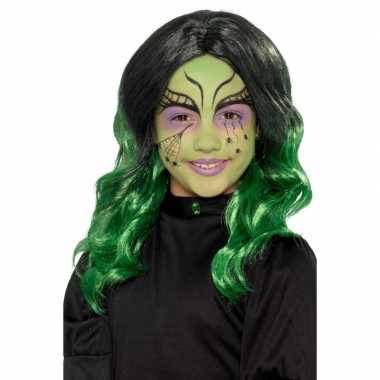 Zwart groene kinderpruik krullen carnaval