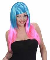 Blauw roze pruik dames carnaval