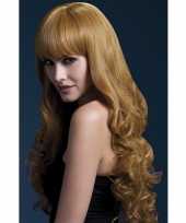 Bruine lange pruik pony dames carnaval 10113338