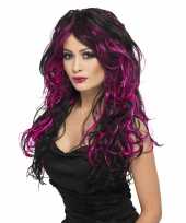 Gothic pruik zwart roze carnaval